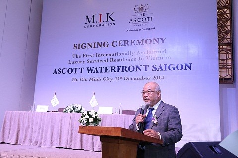 Ông Vũ Đình Luyện - Chủ tịch hội đồng quản trị Tập đoàn MIK Corporation phát biểu tại buổi lễ ký kết của dự án Ascott Waterfront Saigon
